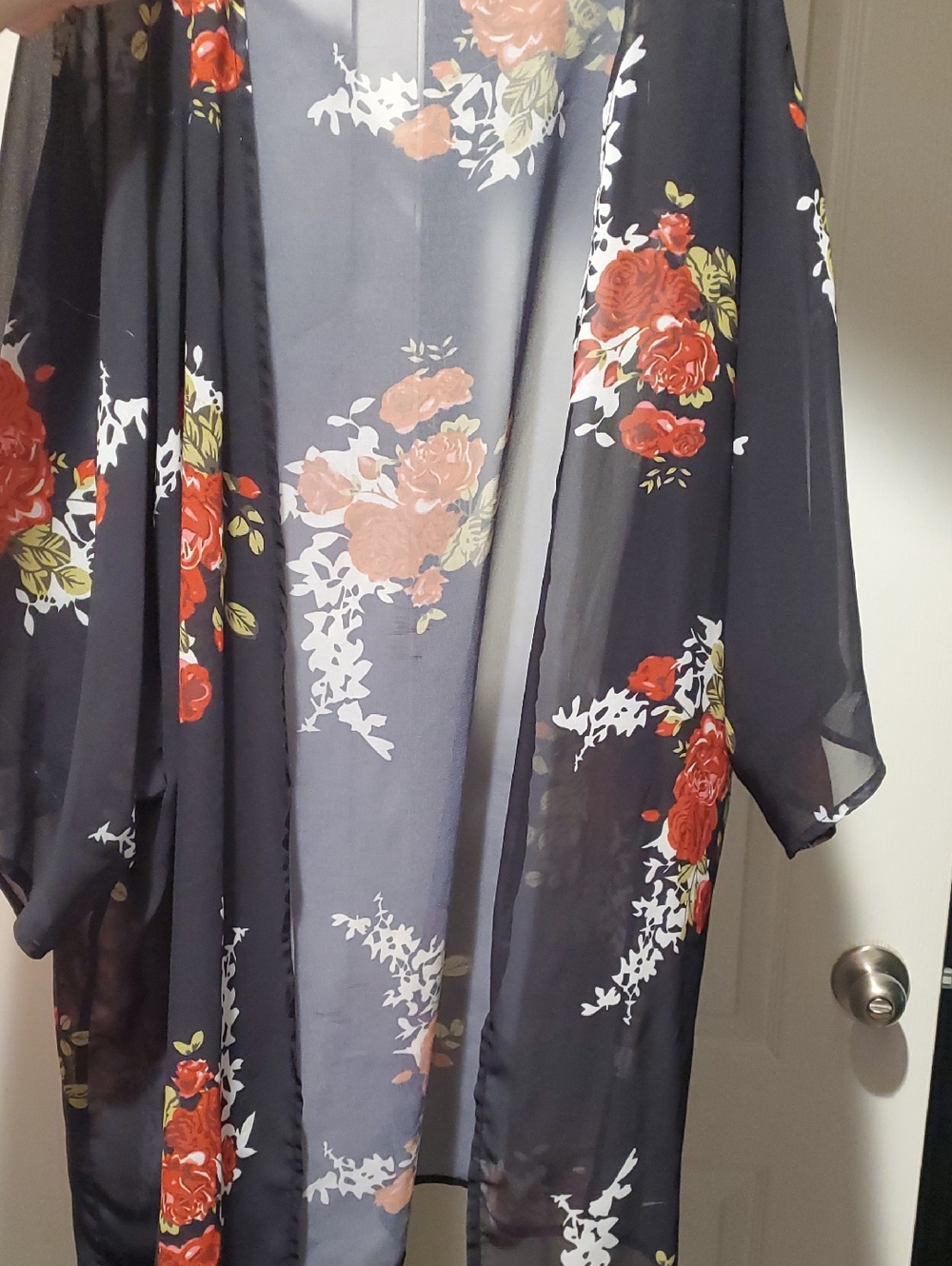Amazon Black Sheer Floral Kimono with Red and White Roses